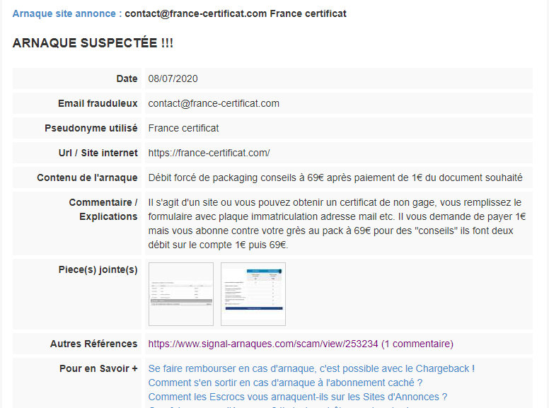 France-certificat.com arnaque 1